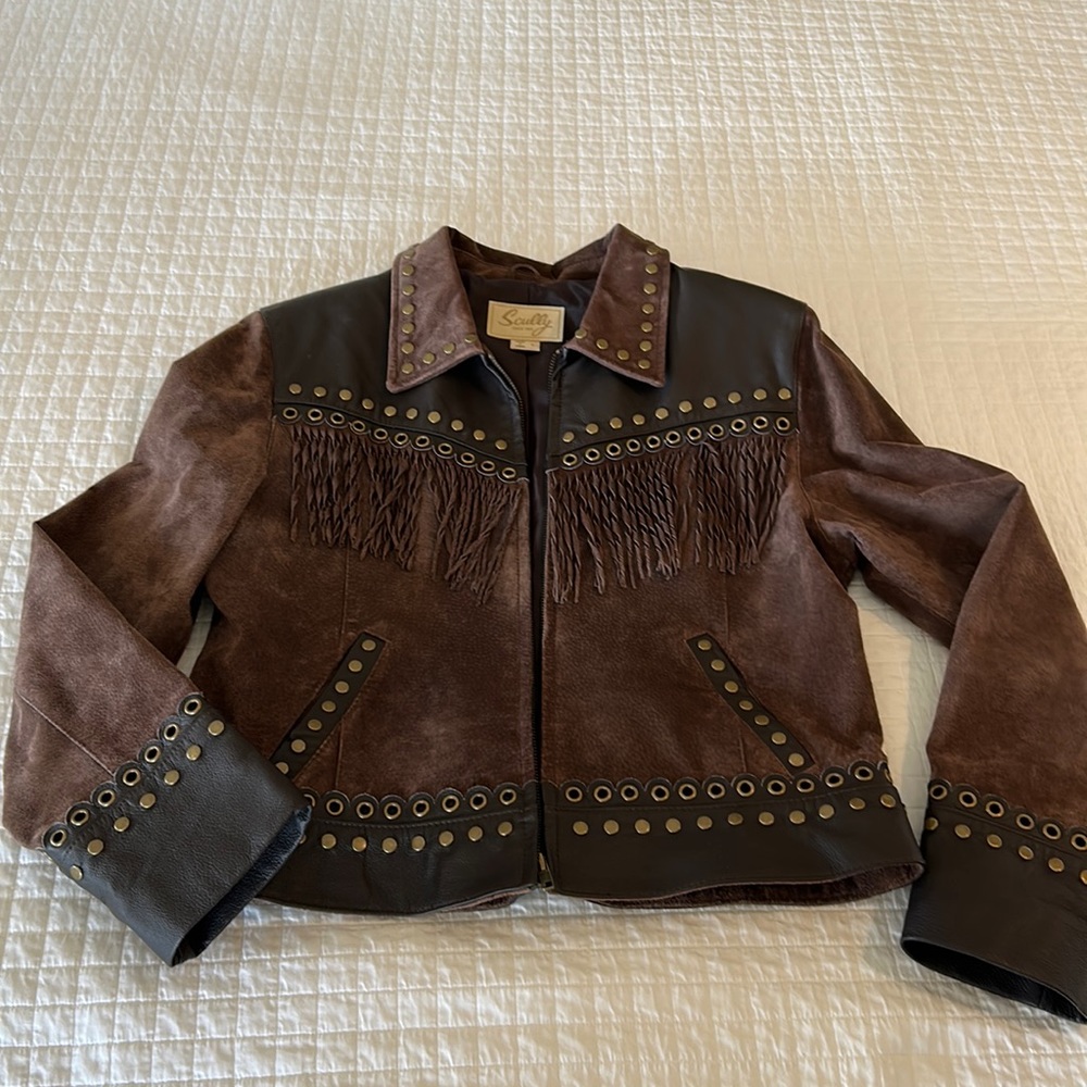 Milk chocolate suede and leather stud jacket